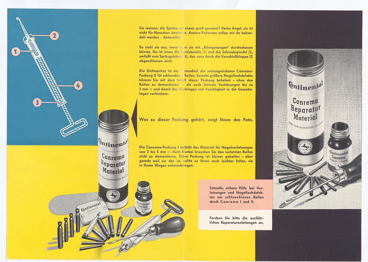 Antiguo anuncio continental promocionando un reparador de neumáticos.