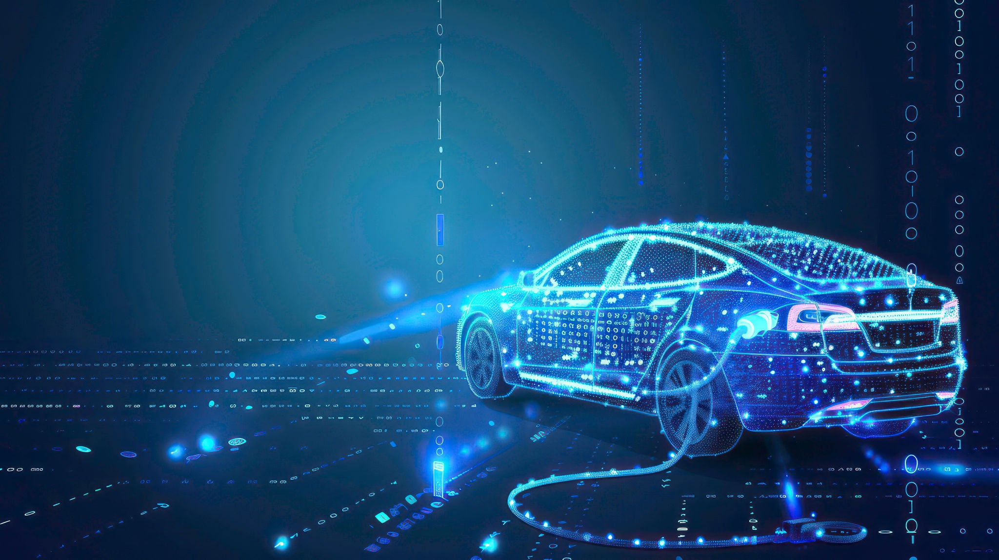 Future EV car electric plug and battery charger blue abstract digital binary code background. Alternative and sustainable energy concept. New futuristic system technology symbol. Vehículo inteligente