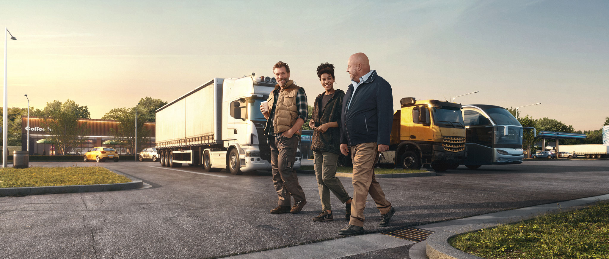 Three persons walking at a truck stop.