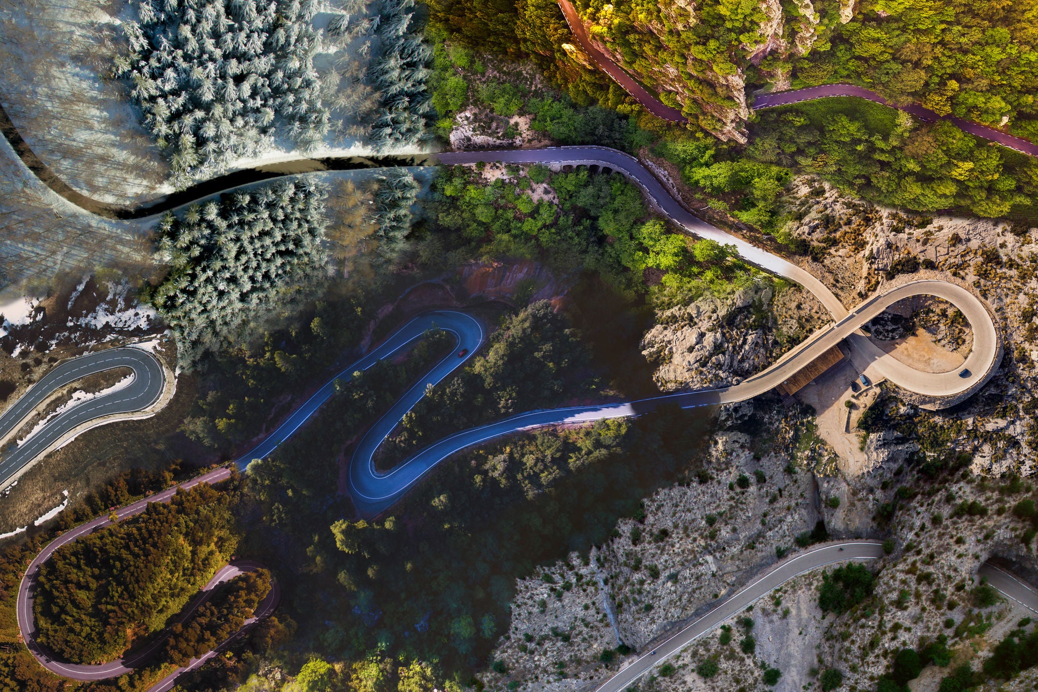 Collage with different roads following the same circuit in different landscape and weather conditions.