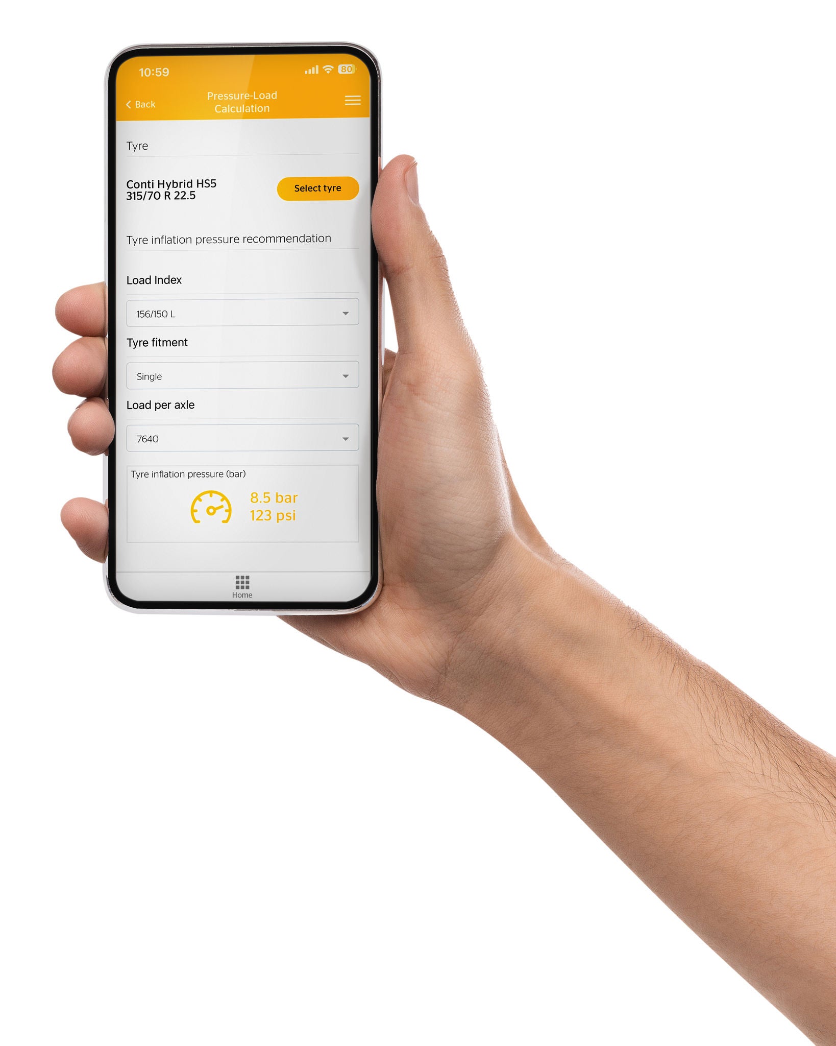 A Hand holding a Mobilephone showing the App with white Background