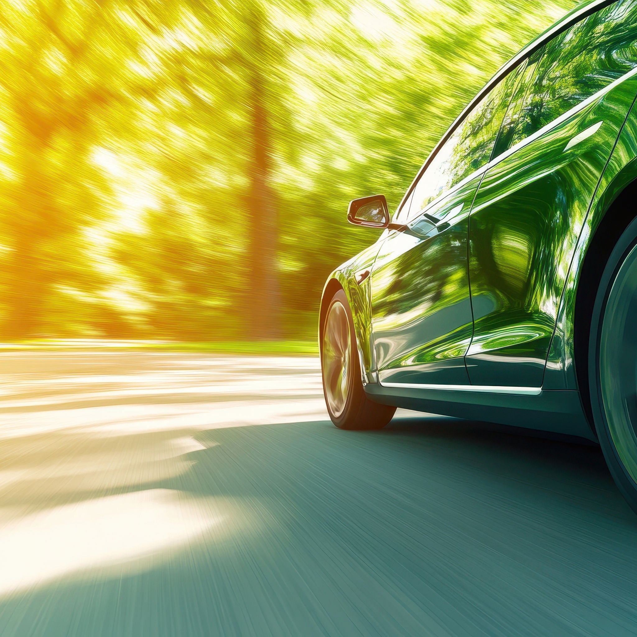 Green power for electric car with copy space Low angle side view of fast moving vehicle Coche eléctrico en la carretera