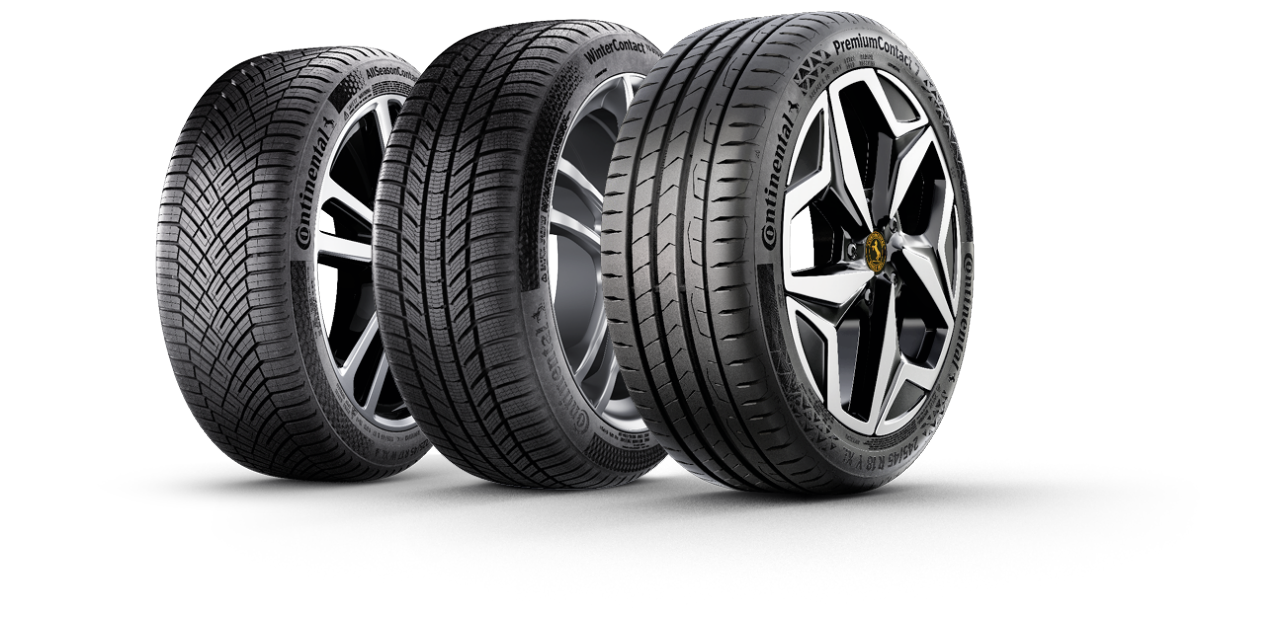 Tres neumáticos Continental uno al lado del otro: AllSeasonContact 2, WinterContact TS 870 y PremiumContact 7.