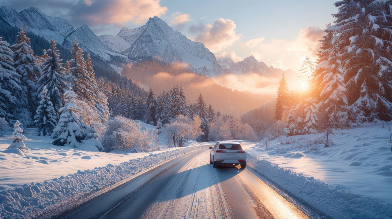 Car drive on mountain road landscape in winter. Nature scenery on highway in green mountains.