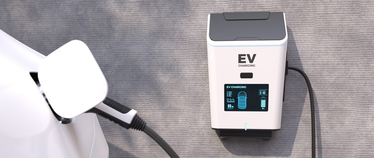 EV maintenance9 Estación de carga de EV, tecnología de llenado con energía limpia, carga de coche eléctrico. Ilustración 3D
